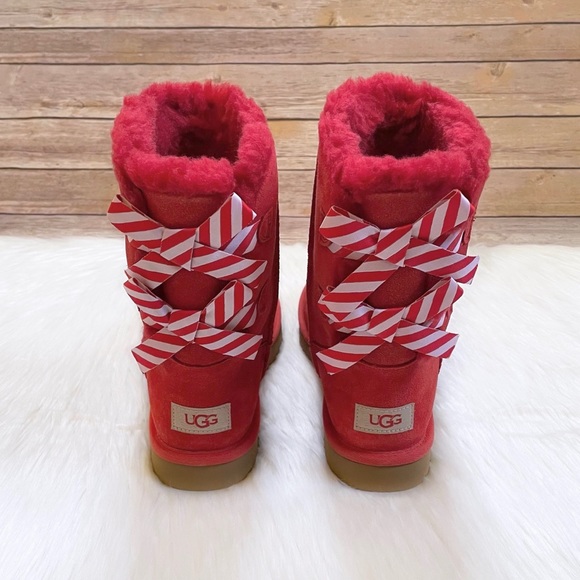 UGG Bailey Bow Diagonal Stripes Poppy Red Boots - Picture 4 of 8
